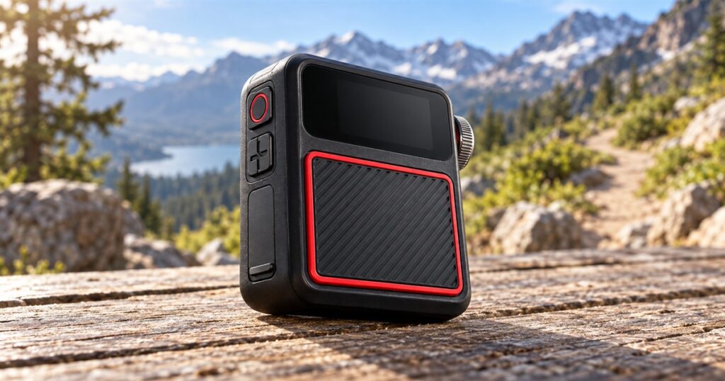 Black and red wearable hybrid radio on a wooden table near a mountain trail