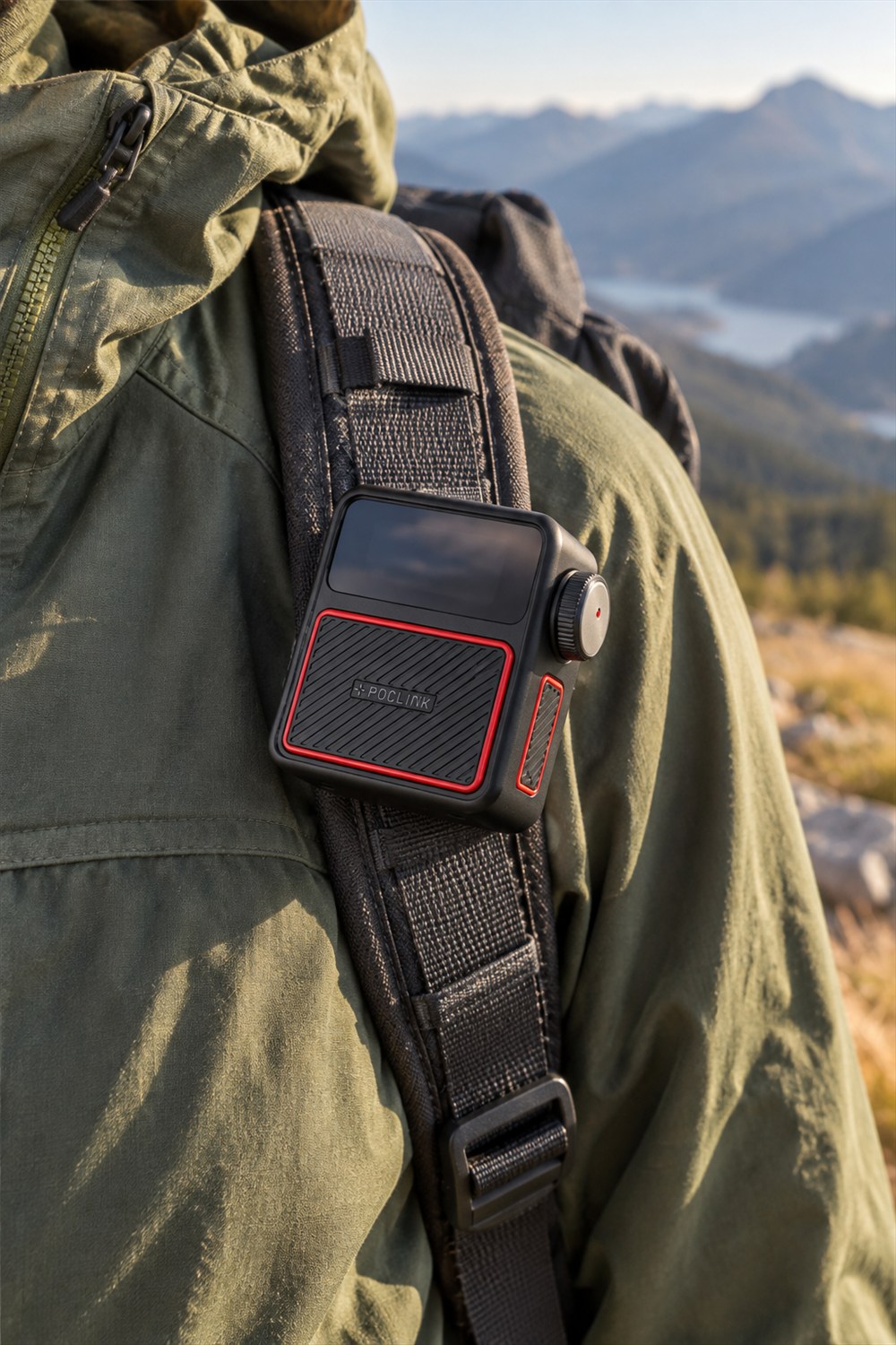 Black Poclink Motion Ultra radio with red trim and a side dial clipped to a backpack shoulder strap over a green jacket, with mountains in the background.