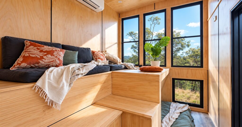 Wildscape tiny house with a tiered timber staircase lounge