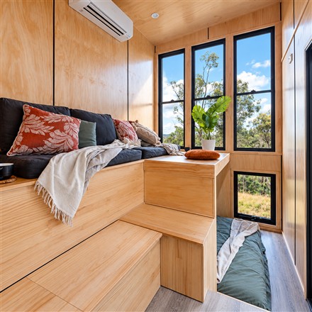 Wildscape tiny house stepped lounge interior