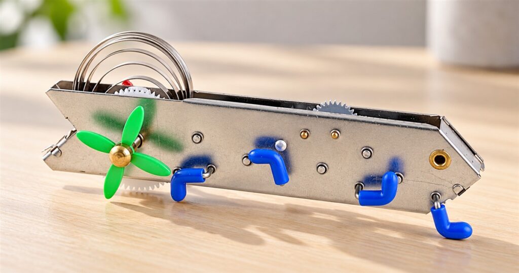 Silver wind-up climbing toy with blue feet, green key, and exposed spring