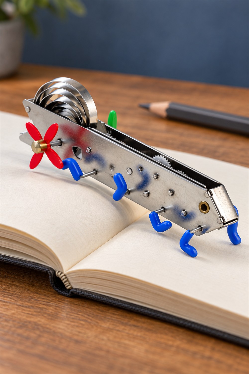 Silver Bonga wind-up toy with an exposed spiral spring, blue feet, and red winding piece crossing an open notebook on a wooden desk.