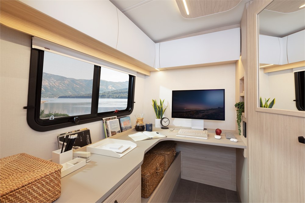 Optional Wonder FX rear office with corner desk beneath a large window