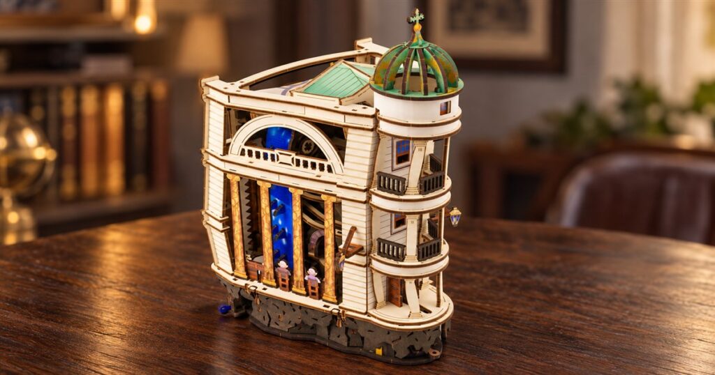 Cream wooden bank marble run with green dome and illuminated hall