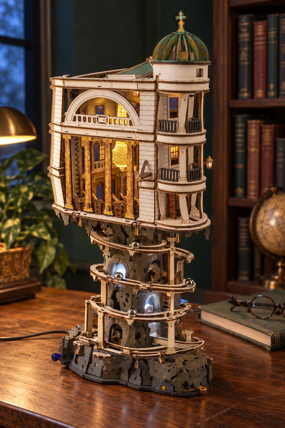 Raised wooden Gringotts bank marble run with a green dome, illuminated hall and exposed vault tracks on a walnut desk.