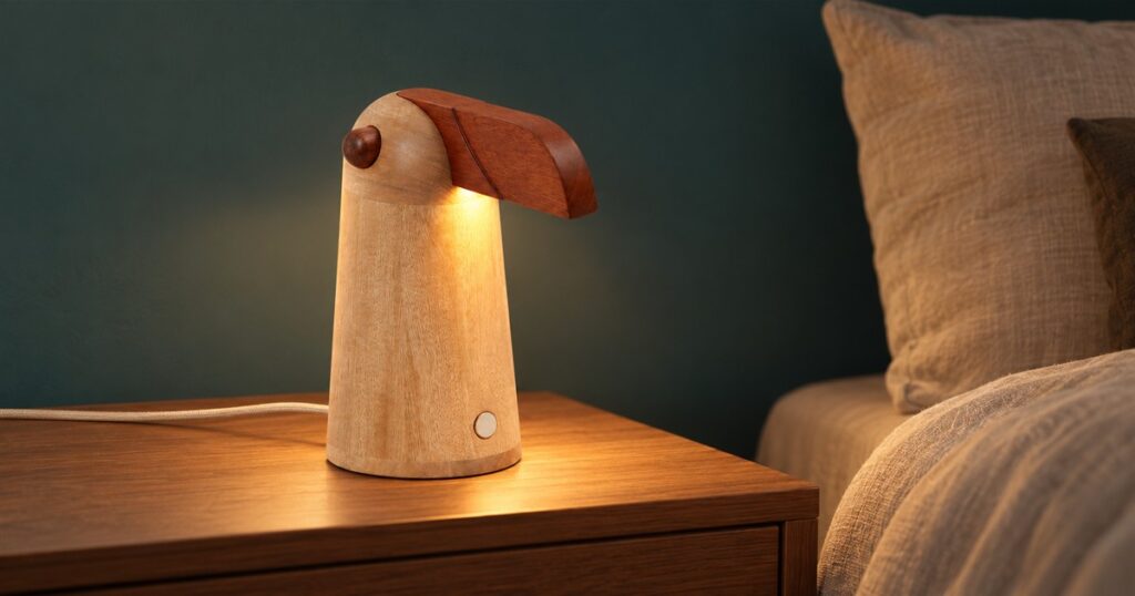 Wooden bird table lamp casting warm light on a bedside table