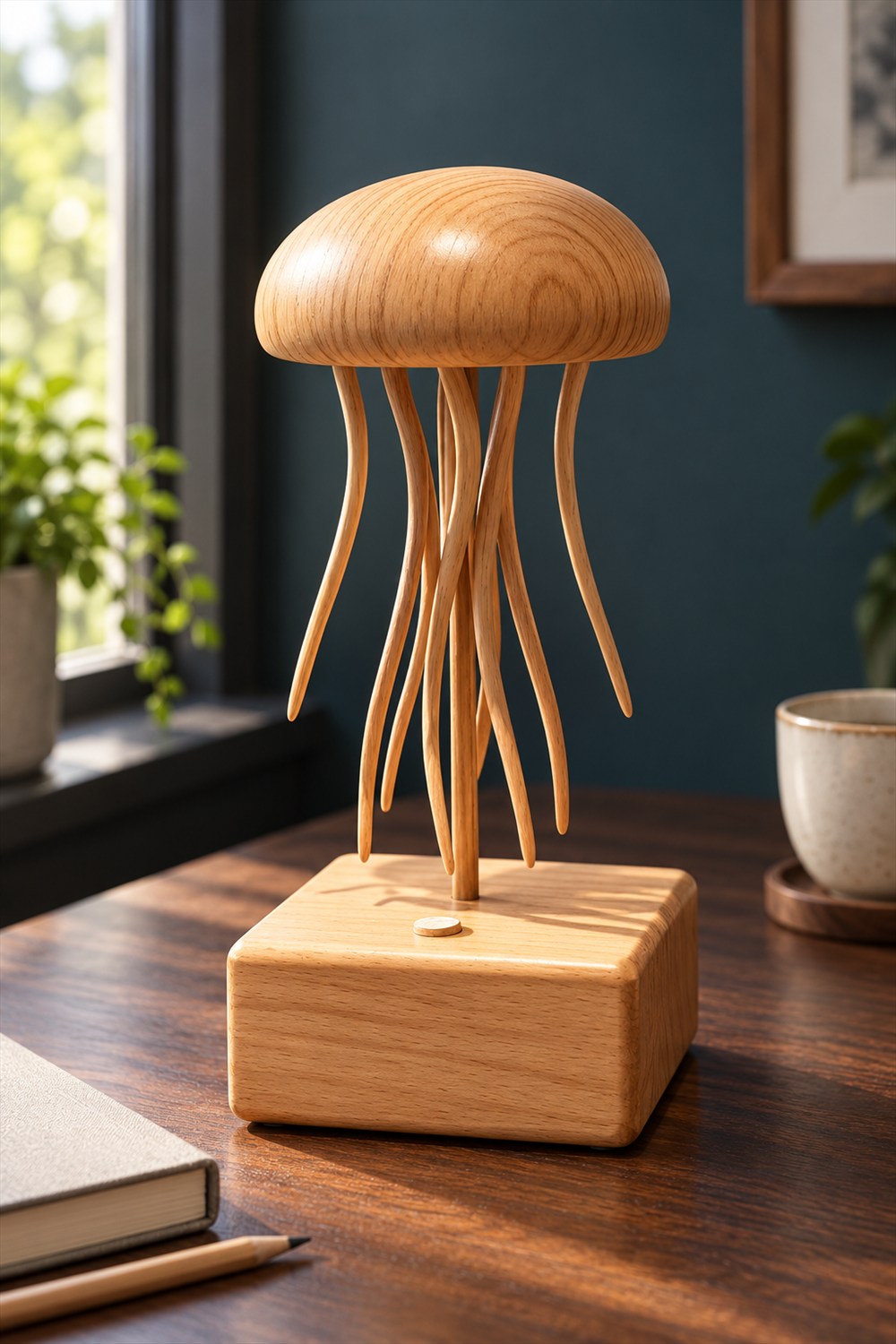 Wooden jellyfish sculpture with a rounded dome, curved hanging tentacles and a rectangular base on a sunlit desk beside a notebook and ceramic cup.