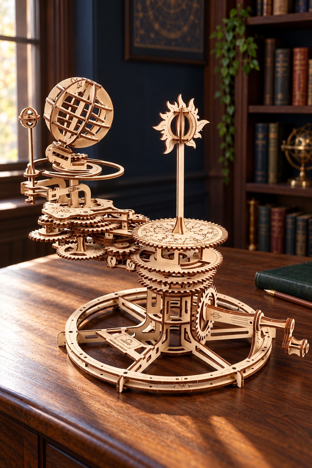 AI-generated view of the assembled UGEARS wooden tellurion on a walnut desk, showing its openwork Earth and Moon, wooden Sun, exposed gears and side hand crank.
