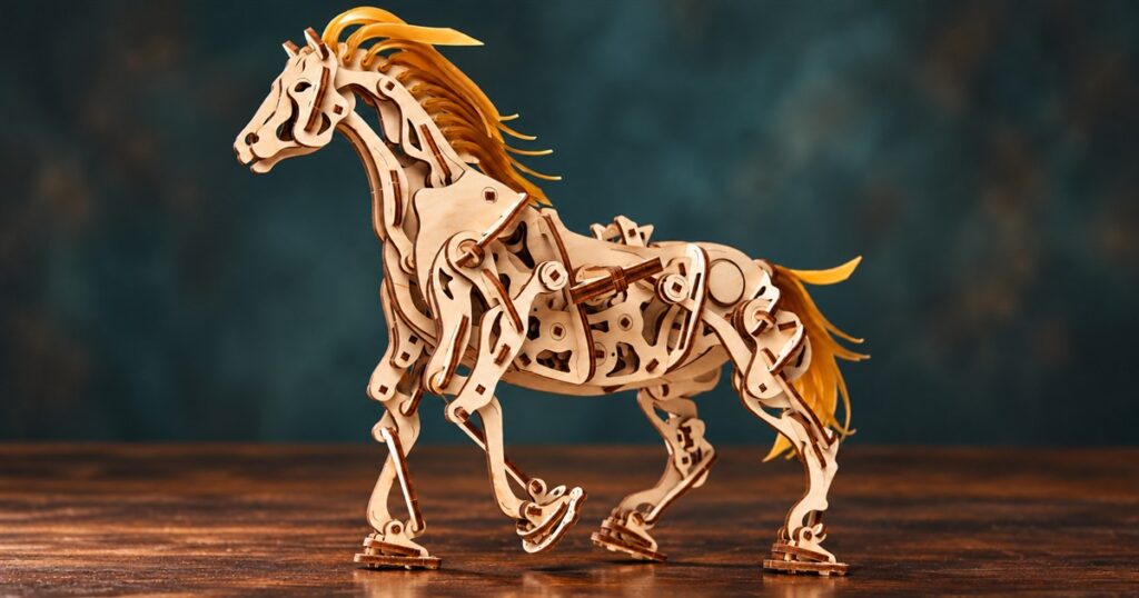 Wooden wind-up horse model with exposed gears and an amber mane
