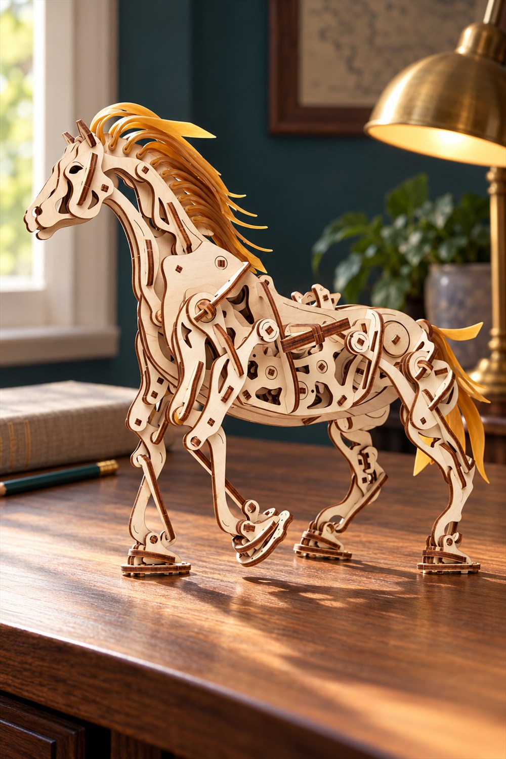 A wooden mechanical horse with exposed gears, articulated legs and a golden rubber-band mane stands on a sunlit wooden desk.