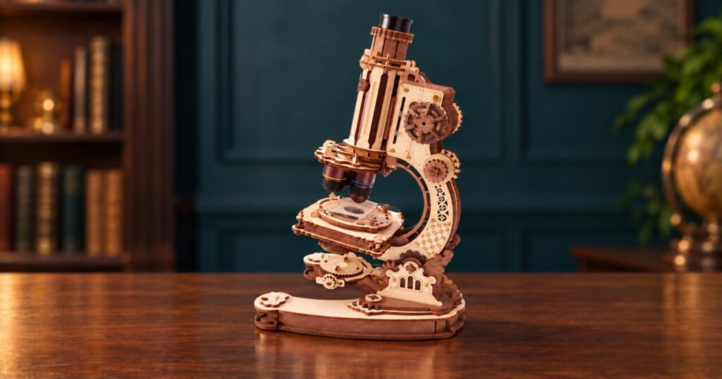 ROKR working wooden microscope with ornate wooden frame
