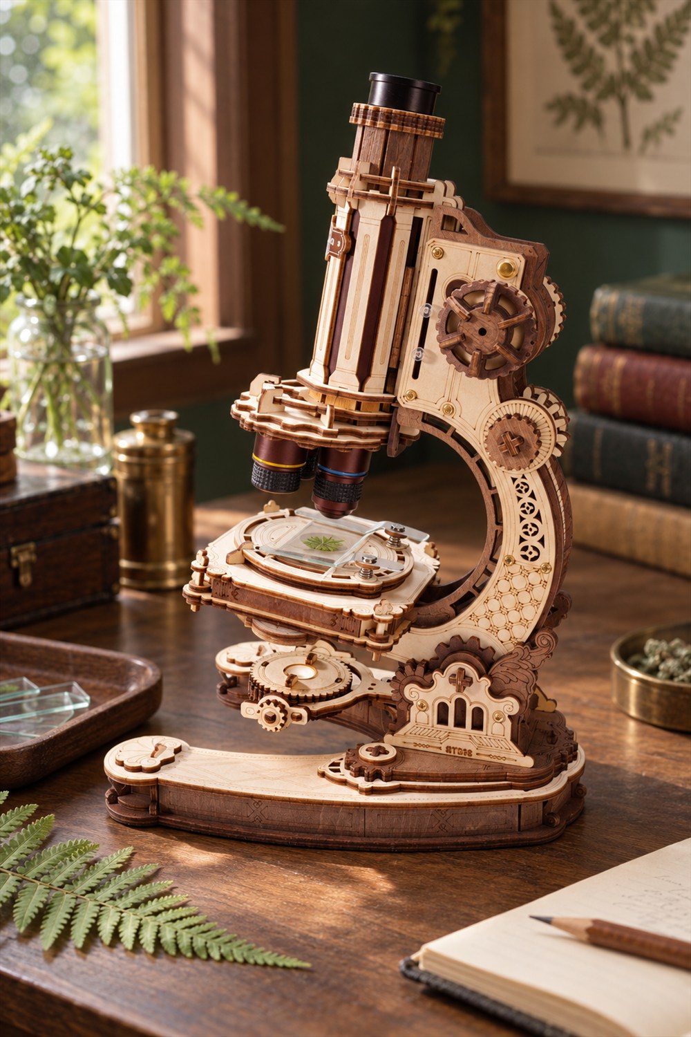 Assembled wooden ROKR microscope with exposed gears, an ornate curved frame and a glass slide on its stage, displayed on a walnut desk beside a fern and notebook.